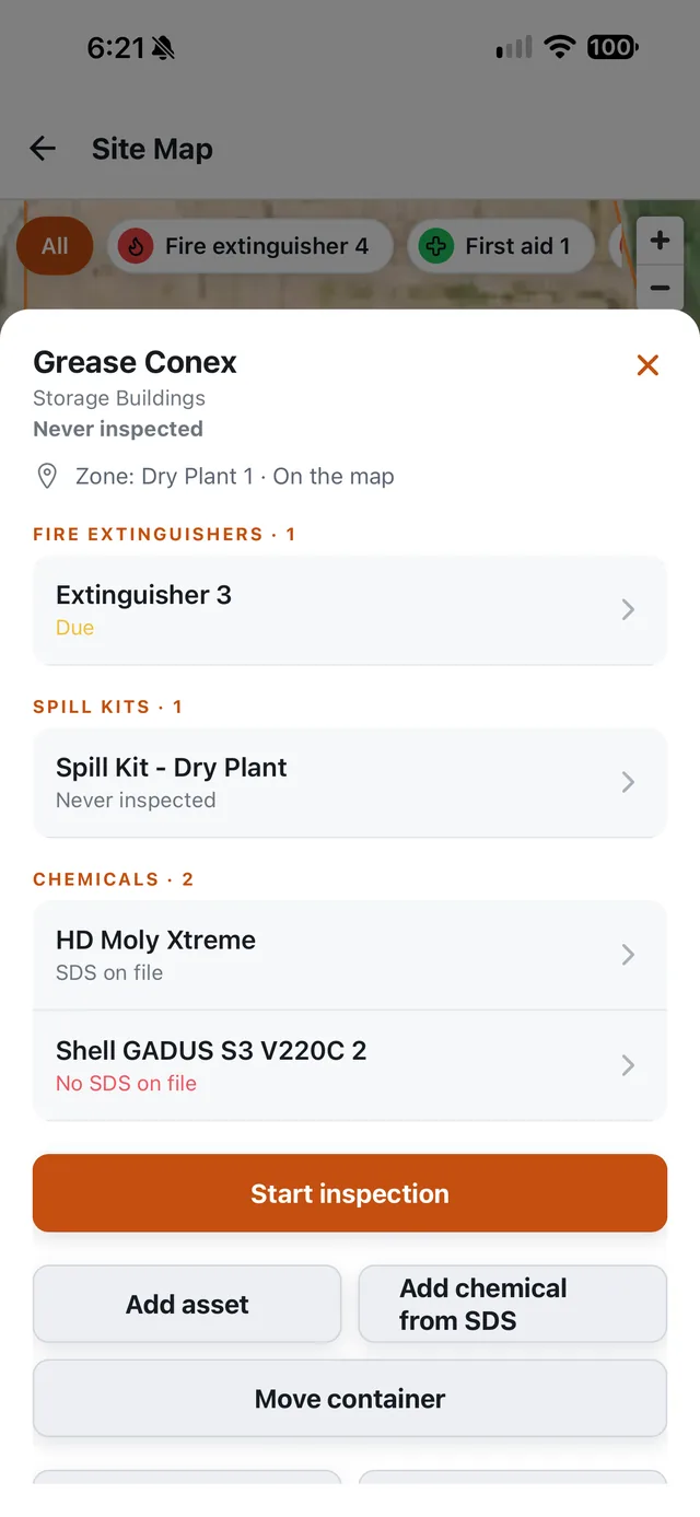 An asset's sheet opened from the site map: an extinguisher due, a spill kit never inspected, and a chemical with no SDS on file.