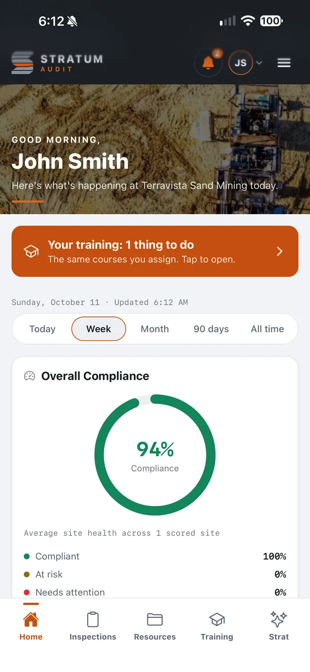 The Stratum Audit field app's home screen: one training item to do, this week's date range, and overall compliance at 94%.