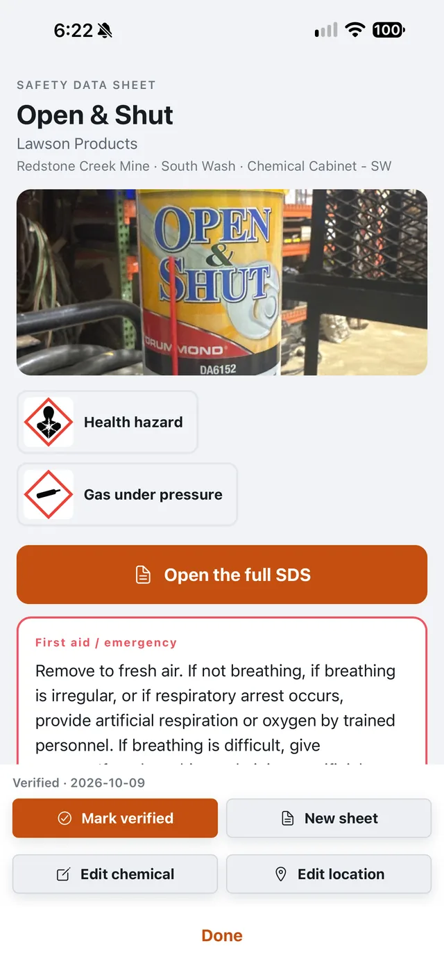 A safety data sheet on the phone: the container photo, its hazard pictograms, the full SDS and first-aid instructions.