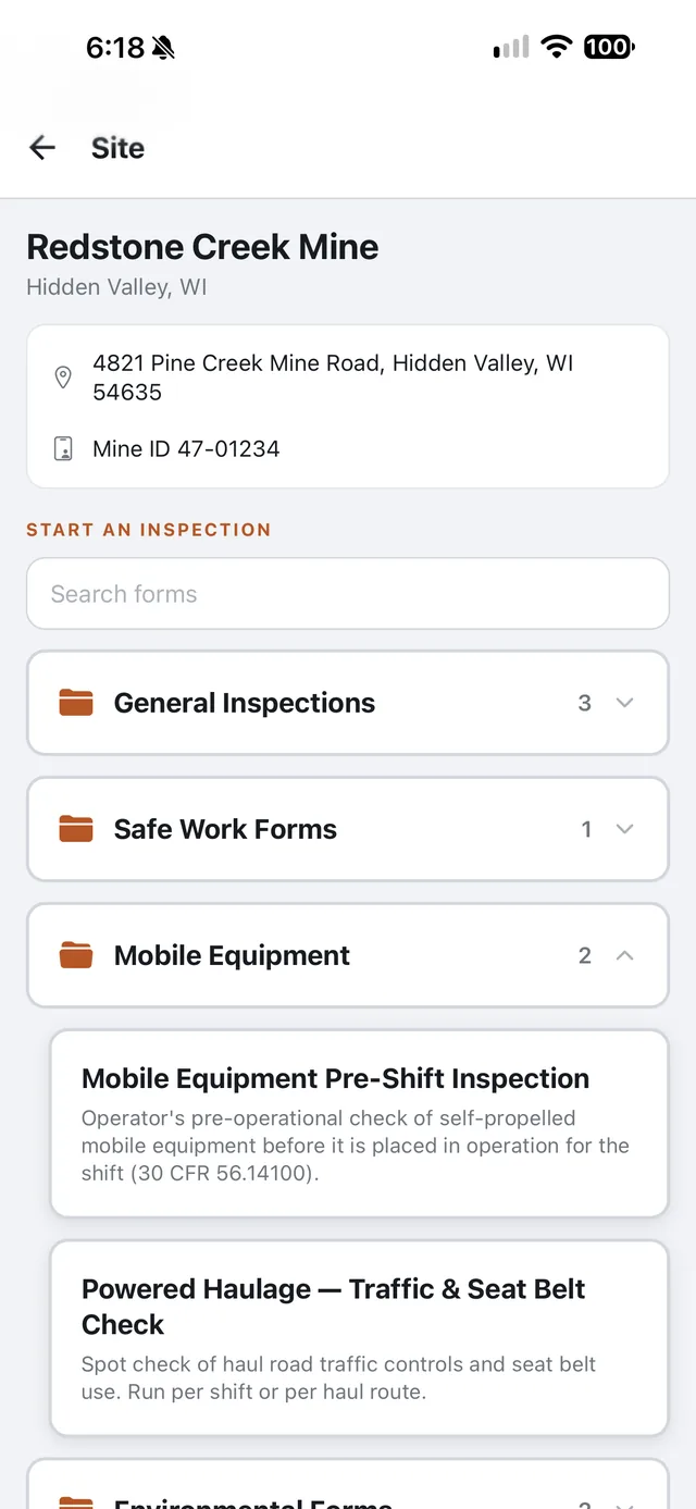 Starting an inspection at a site in the field app: the address and Mine ID, a search box, and the forms in folders such as General Inspections and Mobile Equipment.