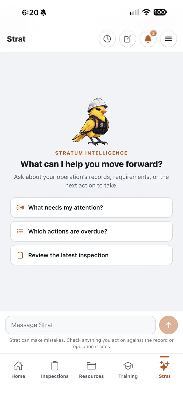 Strat on the phone: suggested questions such as 'What needs my attention?', and a note that Strat can make mistakes and anything acted on should be checked against the record or regulation it cites.
