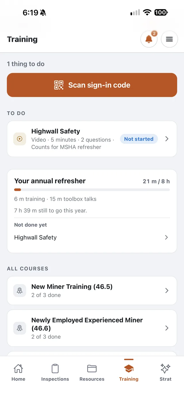 The Training tab: one course to do, a sign-in code scanner, and progress toward the MSHA annual refresher.